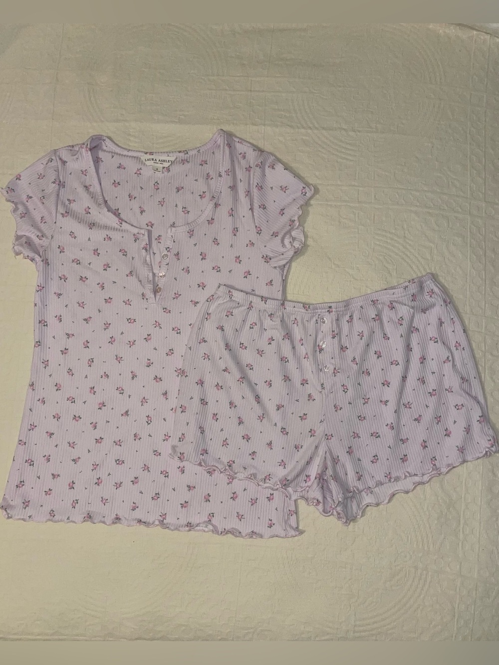 Laura Ashley Light Pink Floral Ribbed Short Pajama Set